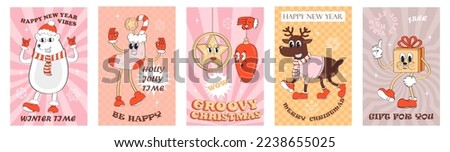 Groovy Christmas banner set vector. Hipster white bear, deer, gift. Crazy, funny socks, New Year tree balls. Cute mascot characters  in 60s, 70s style. 