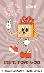 Groovy vectores de pancartas navideñas. Un regalo blanco, gracioso, afiche de Año Nuevo. Carácter de mascota mate en el estilo de los años 60 y 70. Ilustración polar ártica.