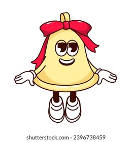 Groovy Christmas bell character vector illustration. Cartoon isolated retro Xmas sticker of cute golden bell with red ribbon bow and funny smile on face, winter decoration mascot with arms and legs