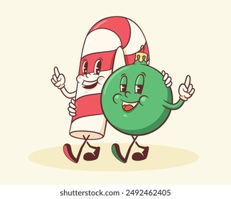 Groovy Christmas Candy and Bauble Retro Characters. Cartoon Xmas Decorative Ball and Cane Personage Banner. Vector Winter Holiday Mascot Template Background. Happy Vintage Cool Illustration. Isolated