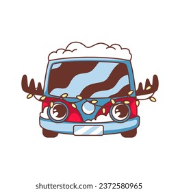 Groovy Christmas car vector illustration. Cartoon isolated retro red vehicle of Santa Claus with winter snow roof and deer horns, front view, funny old car to deliver gifts for happy Xmas holiday
