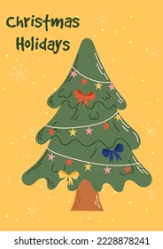 Groovy Christmas card with christmas tree. Christmas and New Year celebration concept. Good for greeting card, invitation, banner, web design.