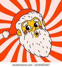 Groovy Christmas cartoon card. vintage funny Santa Claus whistles. Ideal for Christmas and New Year sticker designs and decorations, vector illustration