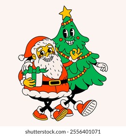 Groovy Christmas cartoon card. vintage funny Santa Claus and Christmas tree with happy faces. Ideal for Christmas and New Year sticker designs and decorations, vector illustration.