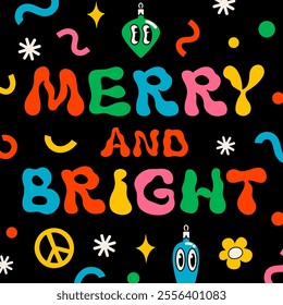 Groovy Christmas cartoon card. vintage funny poster with confetti and merry and bright text. Ideal for Christmas and New Year sticker designs and decorations, vector illustration.