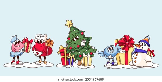 Groovy Christmas cartoon characters with gift boxes set. Funny retro happy Christmas Tree, snowman and candy, Santa hat and sock. Xmas present mascot, cartoon stickers of 70s 80s vector illustration