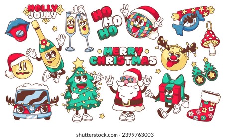 Groovy Christmas cartoon characters and stickers set. Funny retro Santa Claus hippie and Christmas tree, walking gift box and candy, mushroom mascot. Xmas cartoon emoji of 70s 80s vector illustration