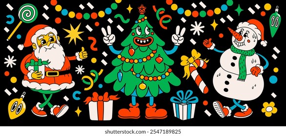 Personajes de dibujos animados de Navidades groovy. divertido Santa Claus vintage de los años 70, bola, muñeco de nieve, regalo y árbol de Navidad con caras felices. Ideal para Navidades y diseños de pegatinas de Año Nuevo y decoraciones, Vector