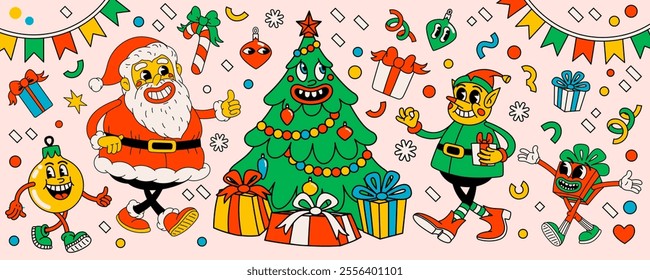 Groovy Christmas cartoon characters. vintage funny Santa Claus, christmas tree, elf, ball, and gift box with happy faces. Ideal for Christmas and New Year sticker designs and decorations, vector