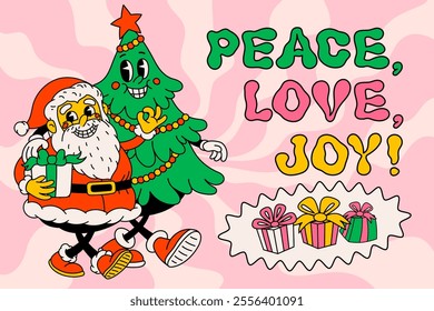 Groovy Christmas cartoon poster. vintage funny Santa Claus and Christmas tree with happy faces and peace love joy text. Ideal for Christmas and New Year sticker designs and decorations, vector