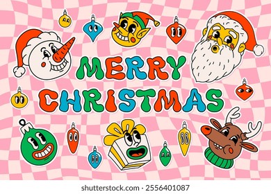 Groovy Christmas cartoon stickers. vintage funny Santa Claus, christmas tree, elf, ball, and gift box with happy faces. Ideal for Christmas and New Year sticker designs and decorations, vector