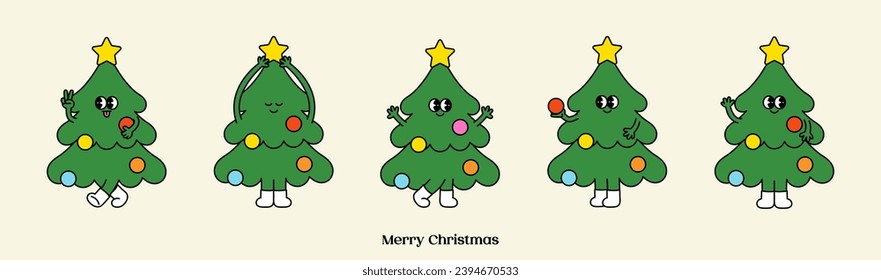 Groovy Christmas character set. Funny cartoon Xmas. Hippie 70s 60s tree. Cute mascot Collection. Trendy retro style. Holiday winter element design isolated. Vintage vector flat illustration.