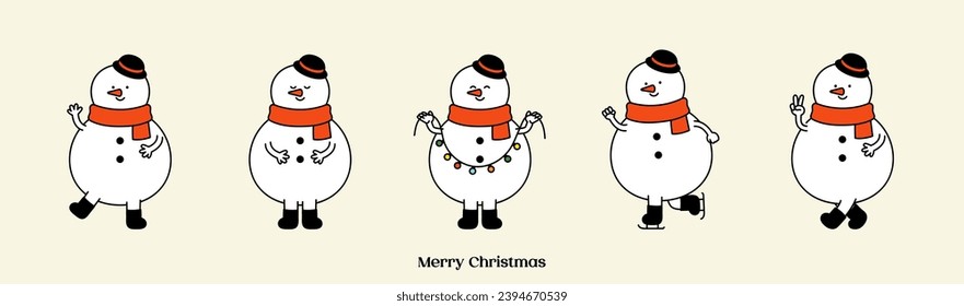 Groovy Christmas character set. Funny cartoon Xmas. Hippie 70s 60s Snowman. Cute mascot Collection. Trendy retro style. Holiday winter element design isolated. Vintage vector flat illustration.