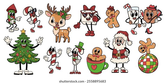 Groovy Christmas characters. Santa, Christmas tree, reindeer, gingerbread men and other characters in cool hipster style, dynamic poses and funny expressions.