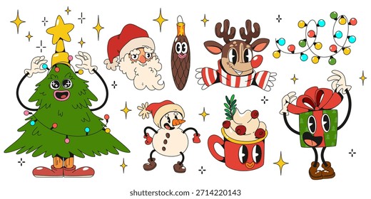Conjunto de personajes de Navidades groovy aislados sobre fondo blanco. Ilustración de dibujos animados de Vector de árbol de Navidad, Papá Noel, muñeco de nieve, ciervos, mascotas de caja de regalo con caras, estrellas de guirnaldas de color, símbolos de vacaciones