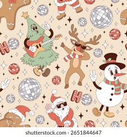 Groovy Christmas Characters Tree with Guitar, Dabbing Reindeer and Gingerbread Man, Dancing Santa, and Peace Sign Snowman in a Retro Disco Style vector seamless pattern. Ideal for Holiday Wrapping