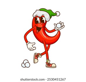 Groovy Christmas chili pepper vegetable character. Farm harvest ripe veggie childish groovy character, hot chilli pepper vegetable Christmas isolated cartoon funny personage playing snowballs