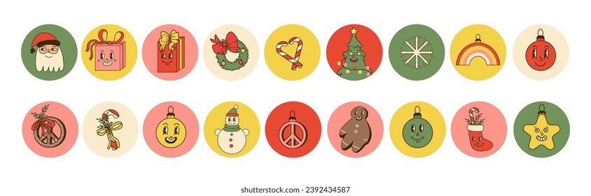 Groovy Christmas circle icons. Comic retro winter characters and decorative elements. Funny tree, glass balls, cute gifts and snowman. Hippie gingerbread and spruce wreath. Cartoon vector in 70s 80s