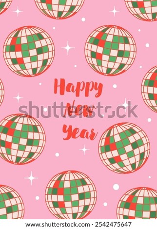 Groovy Christmas disco ball vector greeting card. Hand drawn retro Xmas holiday season aesthetic background.
