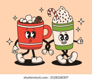 Groovy Christmas drinks characters. Cups of coffee and hot chocolate. Flat vector illustration.