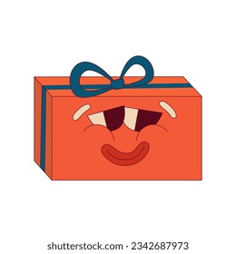 Groovy Christmas funny character gift. Retro winter holiday gift with smile. Merry xmas element. Retro cartoon vector illustration. Holiday trippy design.