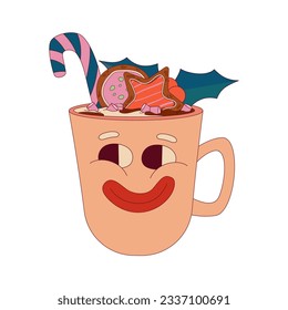 Groovy Christmas funny coffee. Retro winter holiday cup with candy and holly. Merry xmas element. Retro cartoon vector illustration. Holiday trippy design.