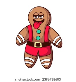 Groovy Christmas Gingerbread Man character vector illustration. Cartoon isolated retro ginger cookie sticker with funny brown sweet bread with icing decoration, funky expression with tongue on face