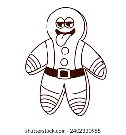 Groovy Christmas Gingerbread Man character vector illustration. Cartoon monochrome retro ginger cookie sticker with funny sweet bread with icing decoration, funky expression with tongue on face