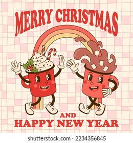 Groovy Christmas greeting card with cute cups of hot drink characters and rainbow in retro cartoon style on trippy grid background. Winter holidays postcard. Vector illustration.