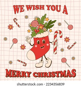 Groovy Christmas greeting card with funny sock character in retro cartoon style on trippy grid background. Winter holidays postcard. Vector illustration.