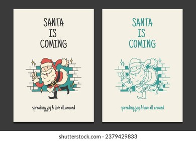 groovy Christmas greeting card with a funny Santa cartoon character, vector illustration