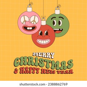 groovy christmas greeting card. Merry Christmas and Happy New year greeting card, poster, print, party invitation, background..