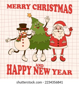 Groovy Christmas greeting card with Santa Claus, Christmas tree and Snowman in retro cartoon style on trippy grid background. Winter holidays postcard. Vector illustration.