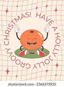 Groovy Christmas greeting card with yoga tangerine and greeting text. Funny retro cartoon Christmas character in groovy 60s-70s vintage style. 