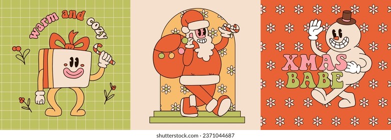 Groovy Christmas greeting cards set. Gift box, Santa Claus, snowman characters in trendy retro cartoon style. Merry Christmas and Happy New year greeting poster, print, party invitation. vector