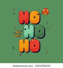 Groovy Christmas halftone Sticker. Green background with color noel phrase Ho Ho Ho.