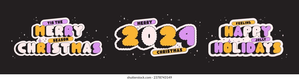 Groovy Christmas halftone Sticker set. Yellow and purple letters.