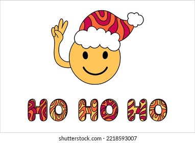 Groovy Christmas - Ho ho ho lettering and smile icon wearing Santa hat in trendy retro 1970 hippie flat cartoon style.