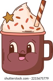 Groovy Christmas hot cocoa vector illustration. Retro mascot character clipart