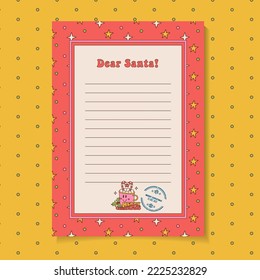 Groovy Christmas Letter to Santa Claus template with stamps, and inscription. Winter sign in groovy style. Envelopes