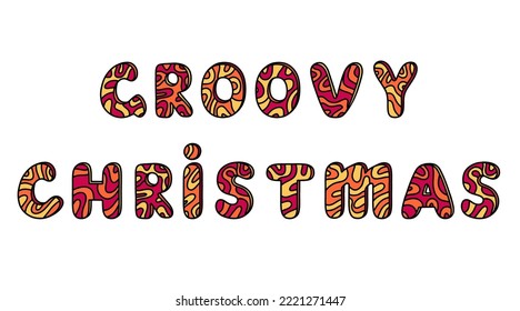 Groovy Christmas lettering in trendy retro 1970 hippie flat cartoon style with wave pattern. Vector illustration.