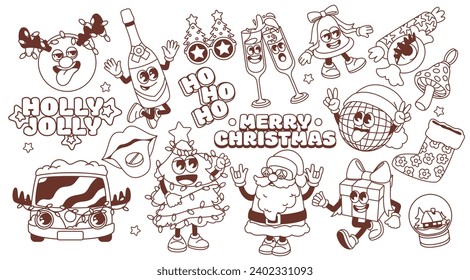 Groovy Christmas monochrome cartoon characters. Funny retro Santa Claus hippie and Christmas tree, walking gift box and candy, mushroom mascot. Xmas cartoon emoji of 70s 80s vector illustration