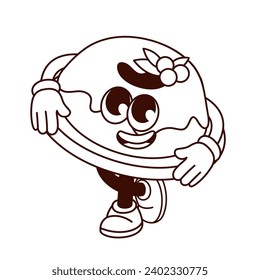 Groovy Christmas monochrome pudding character vector illustration. Cartoon isolated retro Christmas family dinner sticker of figgy cake on plate with holly berry, Xmas food mascot walking