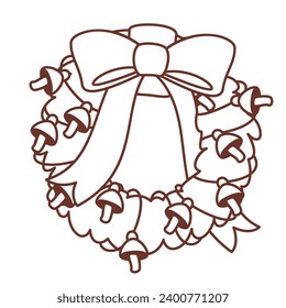 Groovy Christmas monochrome wreath vector illustration. Cartoon isolated retro funky Xmas sticker of Christmas Tree wreath with cute glossy ribbon bow, psychedelic trippy mushrooms for hippie party