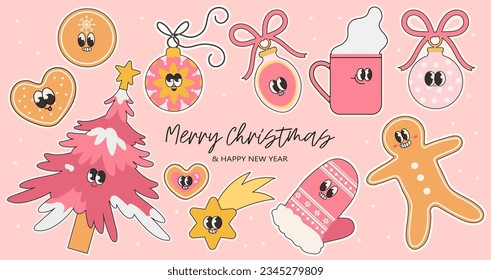 Groovy Christmas and new year characters stickers collection in trendy retro cartoon style. Merry Christmas and Happy New year funny characters set for print or social media and web decoration.
