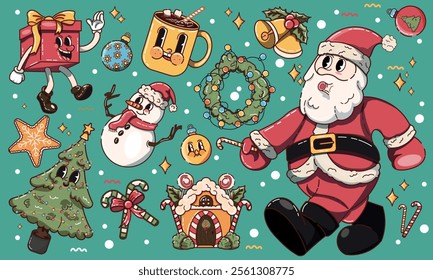 Groovy Christmas new year stickers in cartoon style. Holiday gifts, santa, snowman, christmas tree, coziness. Holiday seasonal vector illustrations in retro groovy style