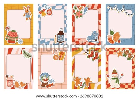 Groovy Christmas note page set with cartoon festive frames of stickers like fir branch, snowman, bell, candy cane, gift box, plush bunny, gingerbread cookie, snowflake, snow ball, red berry, candle.