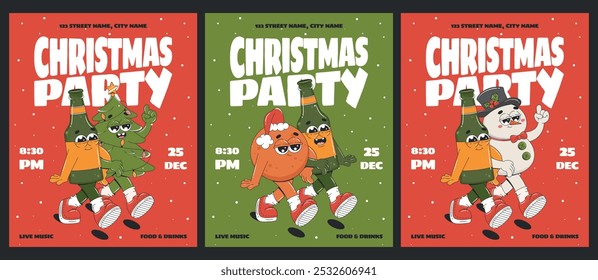 Groovy Christmas party invitation posters with cartoon characters. Christmas tree, snowman, beer bottle, tangerine. Flyer template design.