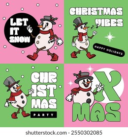 Groovy Christmas party invitation posters set with cartoon Snowmen characters. Flyer retro design template collection. Vector illustrations.