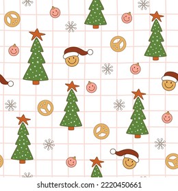 Groovy Christmas pattern. Retro 70s Hippie Groovy Christmas tree background, groovy Santa, peace symbol. Groovy checkered print. Vintage 60s surface design, wrap paper, package. Vector illustration.